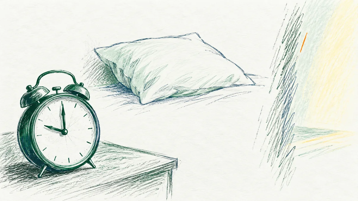 Wekker en onbeslapen kussen naast een bleke ochtendstrook bij de vraag naar uitgerust wakker zijn.